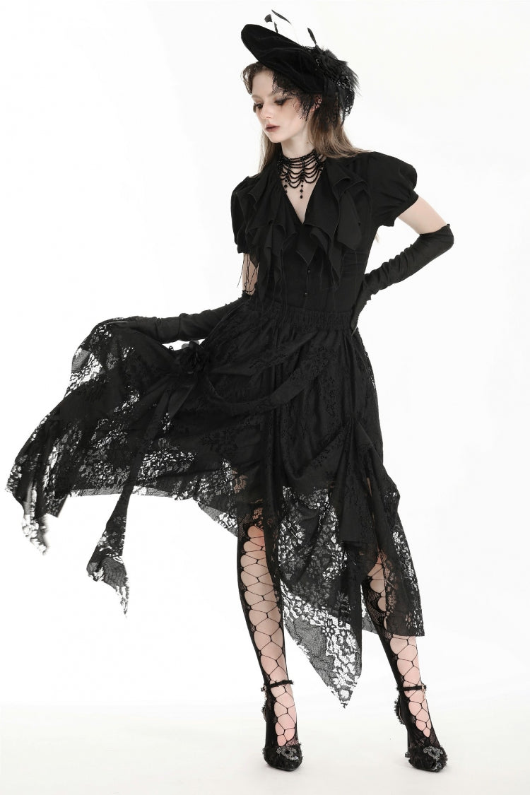 Black Women's Gothic Lace Irregular Distressed Hanky‑Hem Skirt - Product - 6