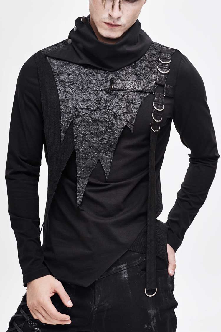 Black Worn Out Cross Shaped Hasp High Collar Asymmetric Hem Men's Punk T-Shirt - Black - 1