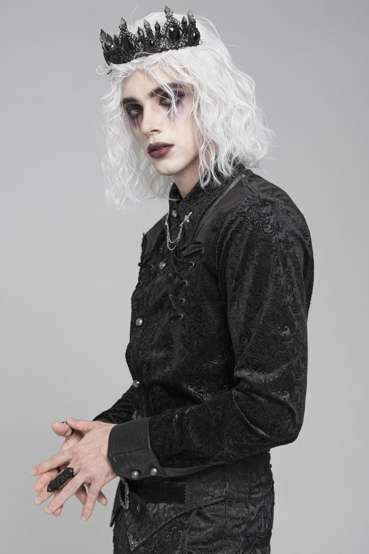 Black Lapel Collar Long Sleeves Print Embroidery Lace-Up Men's Gothic Blouse - Product - 4