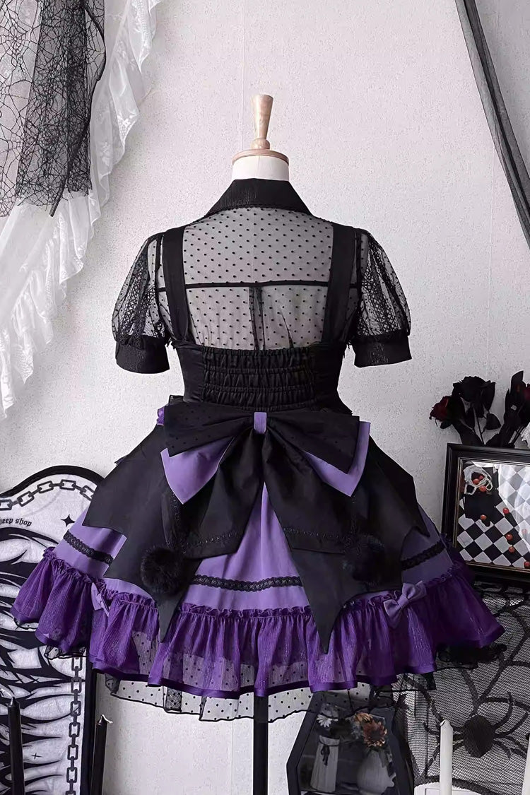 Black/Purple [Cotton Cloud] Lapel Collar Ruffle Bowknot Lace-Up Gothic Lolita Jsk Dress - Product - 5