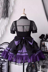 Black/Purple [Cotton Cloud] Lapel Collar Ruffle Bowknot Lace-Up Gothic Lolita Jsk Dress - Product - 5