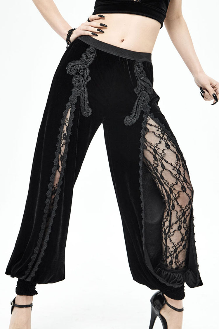 Black Gothic Front Decals Split Splice Mesh Velvet Women's Pants - Product - 2