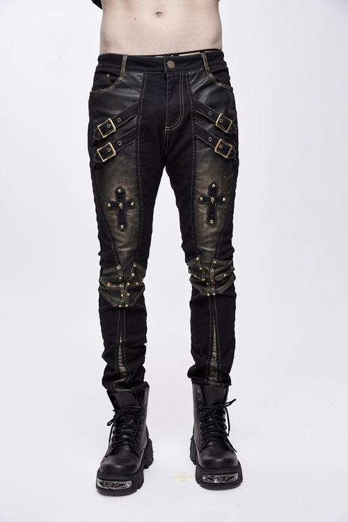 Punk Rock Bronze Fitted Leather Cross Mens Pants - Black/Bronze - 1