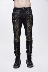 Punk Rock Bronze Fitted Leather Cross Mens Pants - Black/Bronze - 1