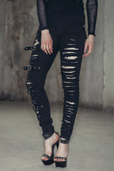Black Punk Loops Broken Holes Womens Pants - Black - 1