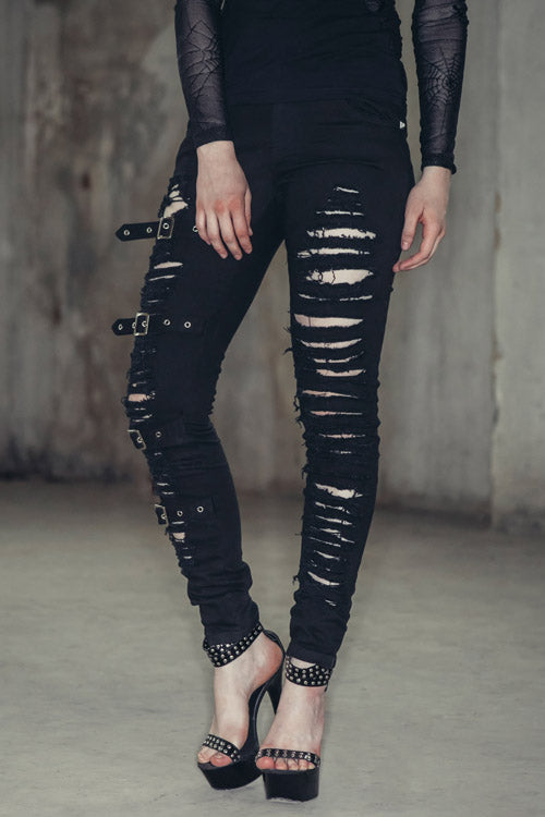 Black Punk Loops Broken Holes Womens Pants - Black - 1