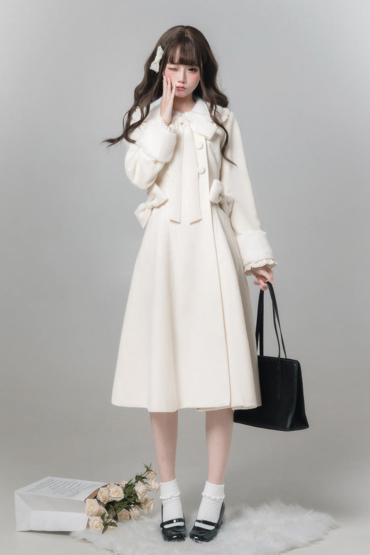 White [First Snow] Doll Collar Long Sleeves Bow Sweet Lolita Coat - White - 1