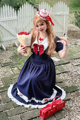 Blue V Collar Short Sleeves Polka Dot Printed Ruffled Bow Lace Classic Plus Size Preppy Style Lolita Dress - Product - 12