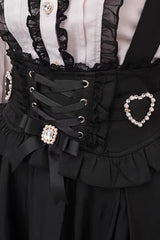 Black Ruffled Bow Lace-Up Pearl-Decorated Gothic Jirai Kei Skirt - Product - 3
