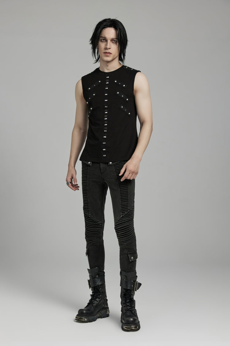 Black Spliced Slim Mesh Eyelet Men's Punk Vest - Product - 5