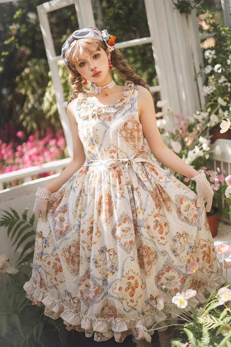 Cat Rose Tea Sleeveless Print Ruffle Bowknot Sweet Lolita Jumper Dress Version2 3 Colors - Ivory - 1