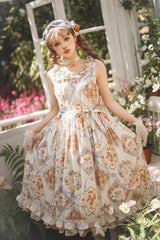 Cat Rose Tea Sleeveless Print Ruffle Bowknot Sweet Lolita Jumper Dress Version2 3 Colors - Ivory - 1