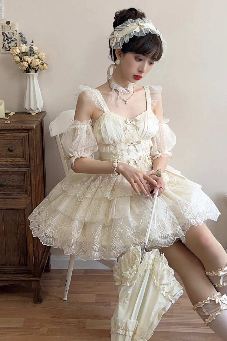 Ivory [Tidal] Triple-Layered Ruffle Bowknot Sweet Lolita Skirt 2 Versions - Product - 20