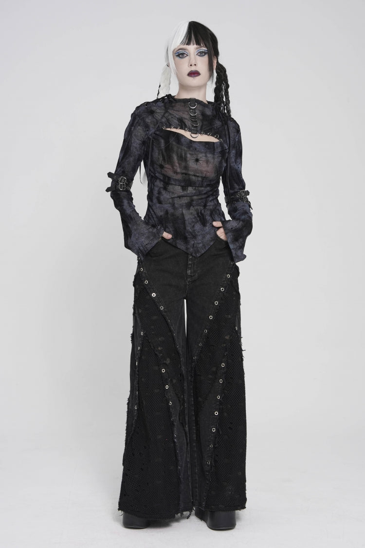 Black Stand Collar Long Sleeves Printed Spliced Lace-Up Asymmetric Buckled Women's Punk Blouse - Product - 4