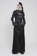 Black Stand Collar Long Sleeves Printed Spliced Lace-Up Asymmetric Buckled Women's Punk Blouse - Product - 4