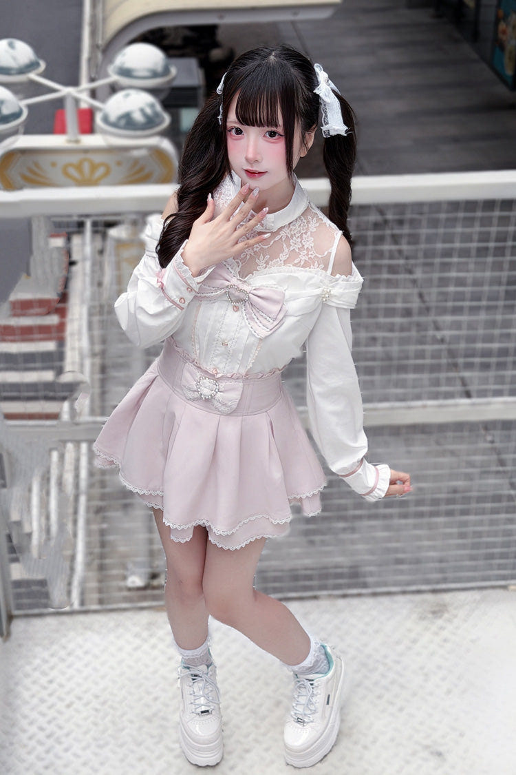 [Frosted Pearl Princess] Round Collar Off Shoulder Long Sleeves Bow Lace Sweet Jirai Kei Japanese Skirt Set 2 Colors - Product - 9