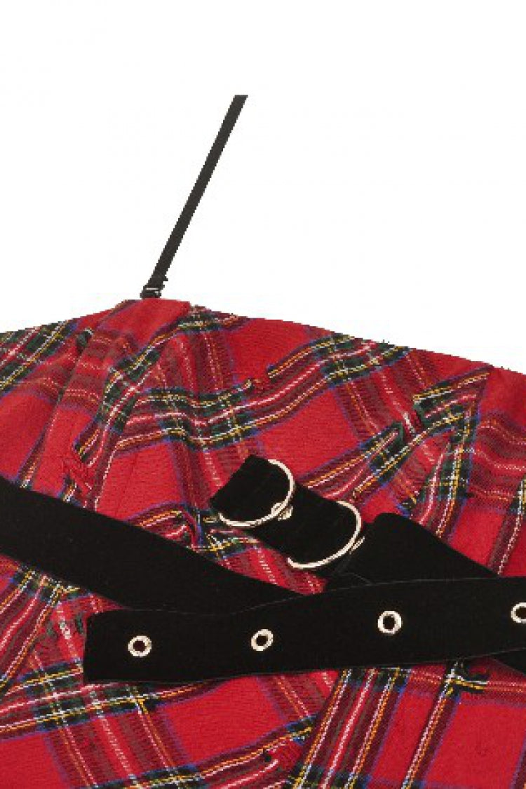 Red Buckled Frayed Asymmetric Hem Women's Punk Grunge Plaid Mini Slip Dress - Product - 22