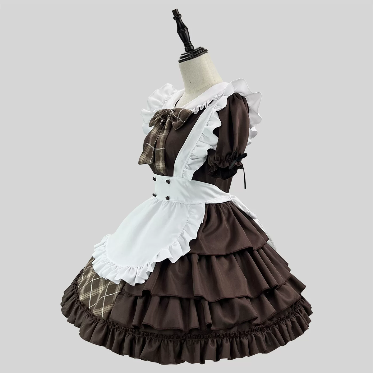 Brown Plaid Lolita Maid Dress Set Ruffled Apron Short Sleeve Bow Accent - view 2