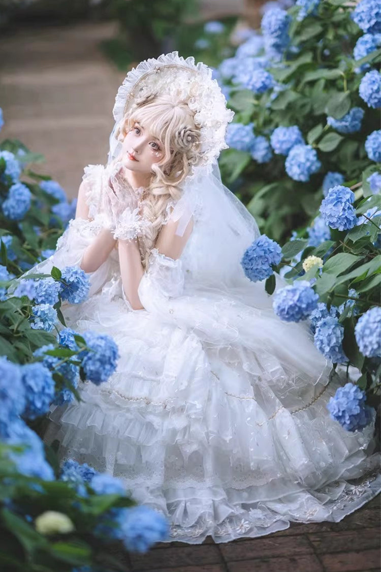White [Dreamy Waltz] Sleeveless Multi-Layered Ruffled Hanayome Bow Lace Gothic Gorgeous Lolita Jsk Dress - Product - 10