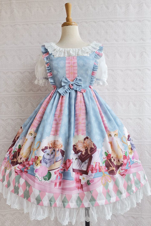 Chocolate Cat Print Ruffled High Waisted Sweet Lolita JSK Dress - Product - 1