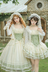 Green Square Collar Sleeveless Multi-Layered Ruffled Bow Lace Fishbone Sweet Lolita Jsk Dress 2 Versions - Product - 10