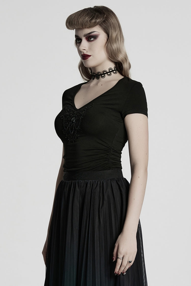 Black Short Sleeves Jacquard Floral Embroidery Women's Gothic Blouse - Product - 2
