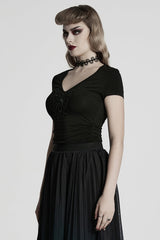 Black Short Sleeves Jacquard Floral Embroidery Women's Gothic Blouse - Product - 2