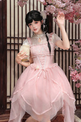 [Fragrance] Stand Collar Short Sleeves Multi-Layered Printed Ruffled Bow Lace Irregular Chinese Style Sweet Lolita Dress 2 Colors (Green, Pink) - Product - 12