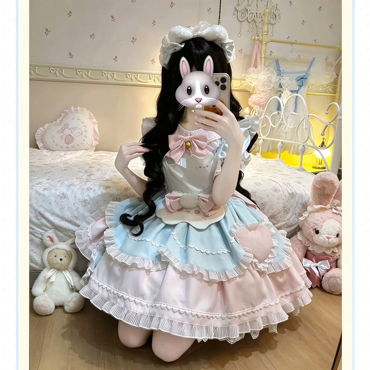 Blue and Pink Ruffled Cat Maid Lolita Dress with Apron Bow Accent - view 3