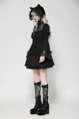 Black Lace Ruffled Stand Collar Long Puff Sleeves Cut-Out Women's Gothic Grad Dress - Product - 11