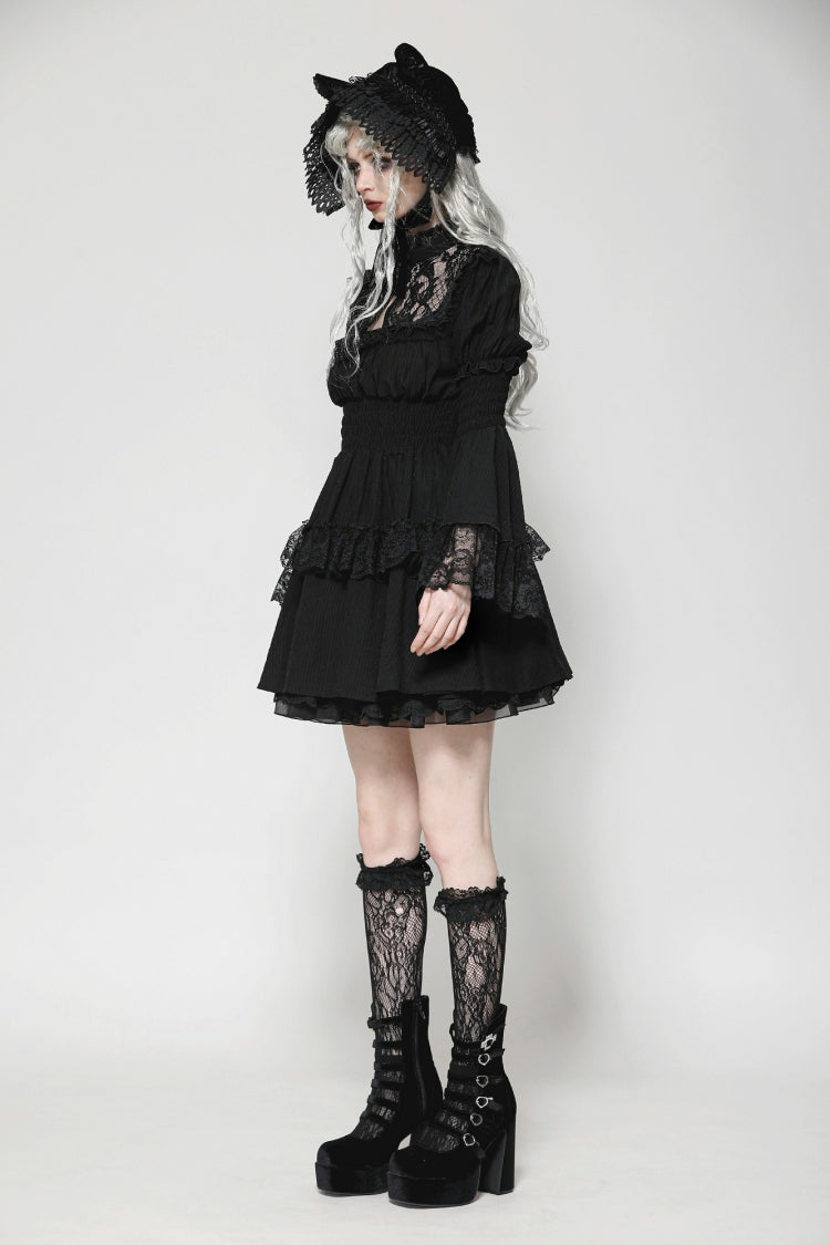 Black Lace Ruffled Stand Collar Long Puff Sleeves Cut-Out Women's Gothic Grad Dress - Product - 11