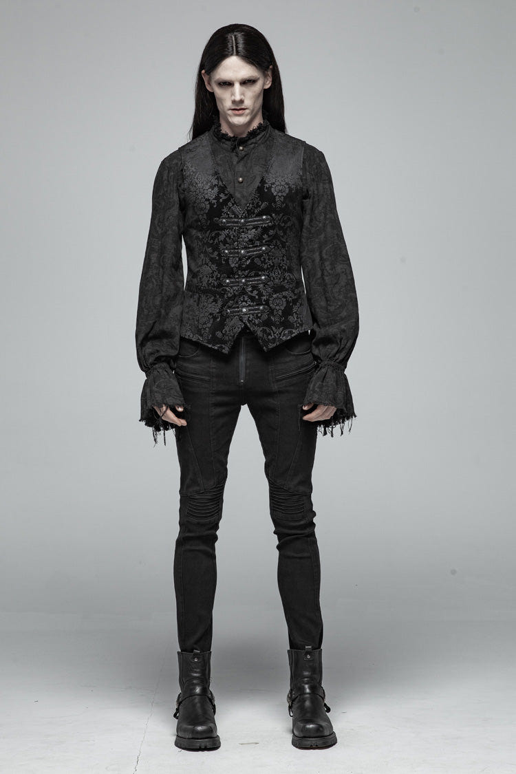 Black Retro Jacquard Front Woven Strap Metal Button Men's Gothic Vest - Product - 3