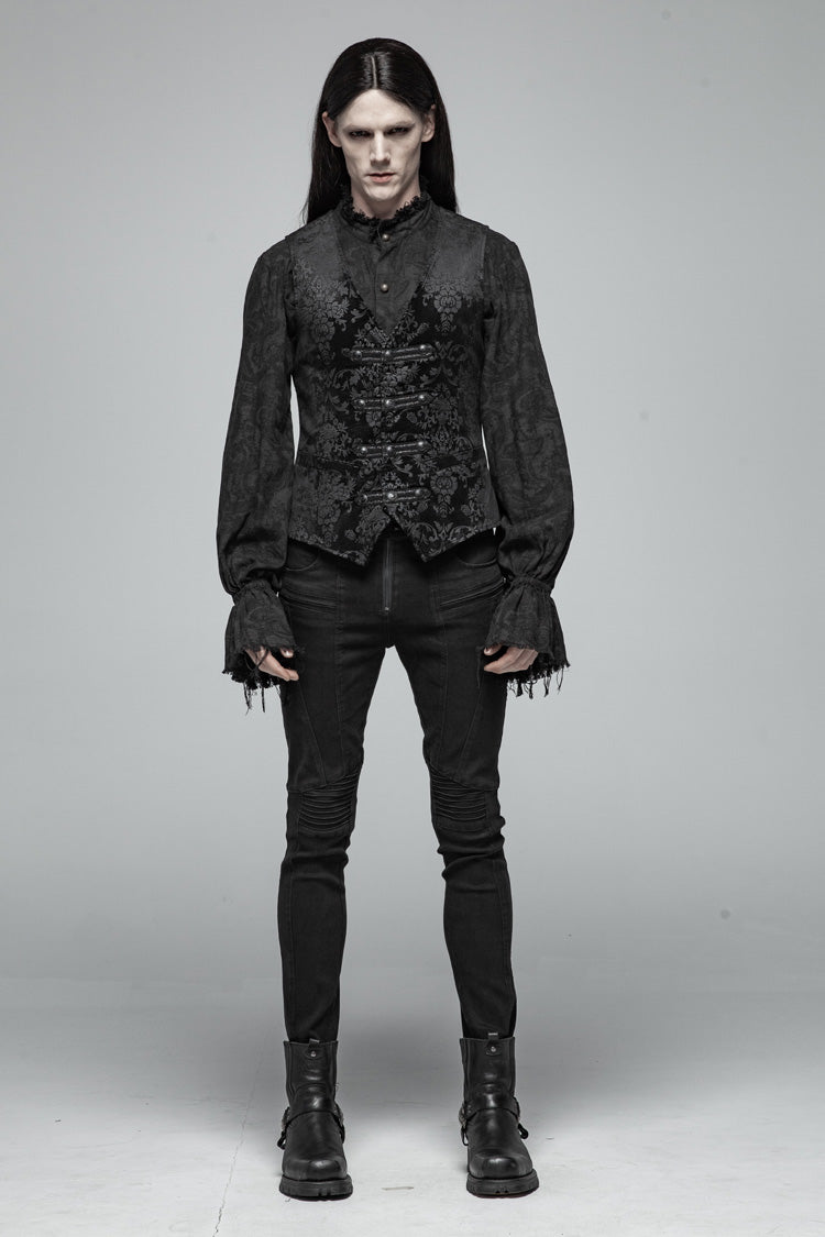 Black Retro Jacquard Front Woven Strap Metal Button Men's Gothic Vest - Product - 3