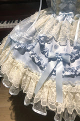 Blue [Dreaming Butterfly] Multi-Layered Jacquard Ruffle Bowknot Lace Sweet Princess Lolita Jsk Dress - Product - 14