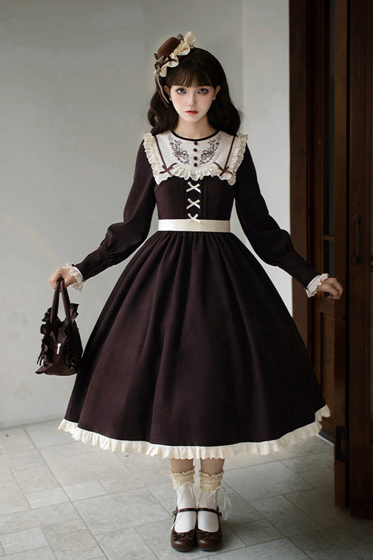 Brown [Miss Brown] Long Sleeves Ruffle Bouquet Embroidery Sweet Lolita Dress (Long Version) - Product - 2