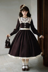 Brown [Miss Brown] Long Sleeves Ruffle Bouquet Embroidery Sweet Lolita Dress (Long Version) - Product - 2