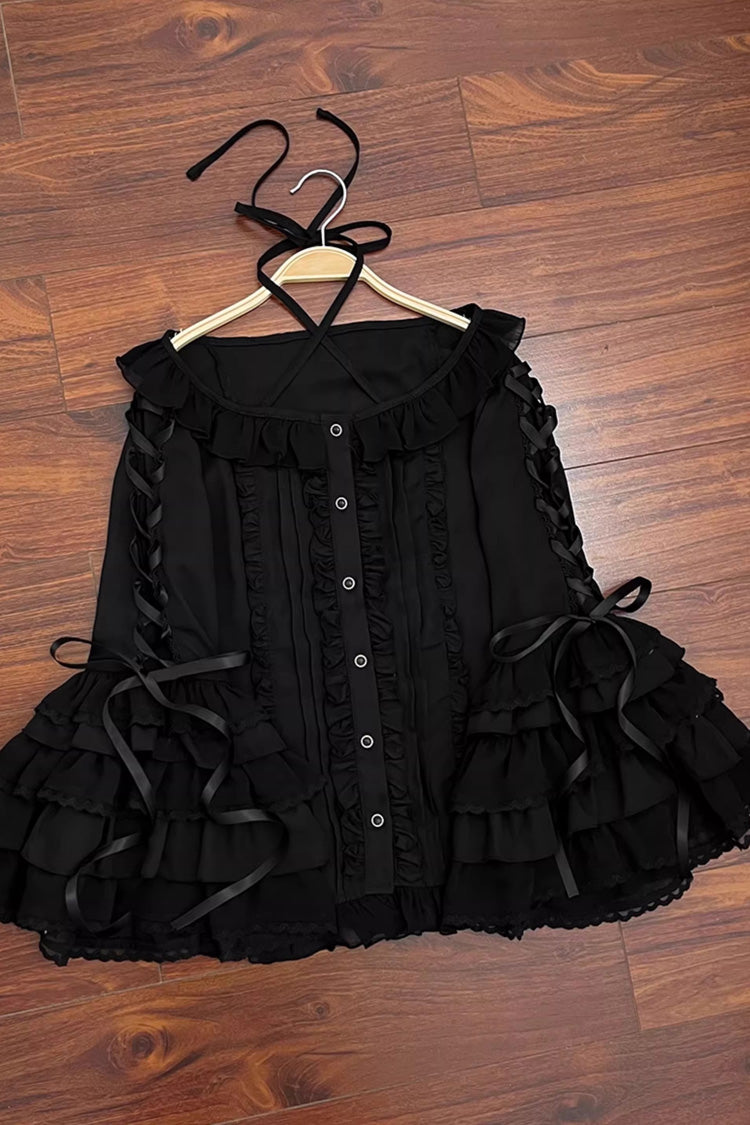 Sweet Chiffon Long Hime Sleeves Ruffled Bow Lolita Blouse 3 Colors - Black - 5