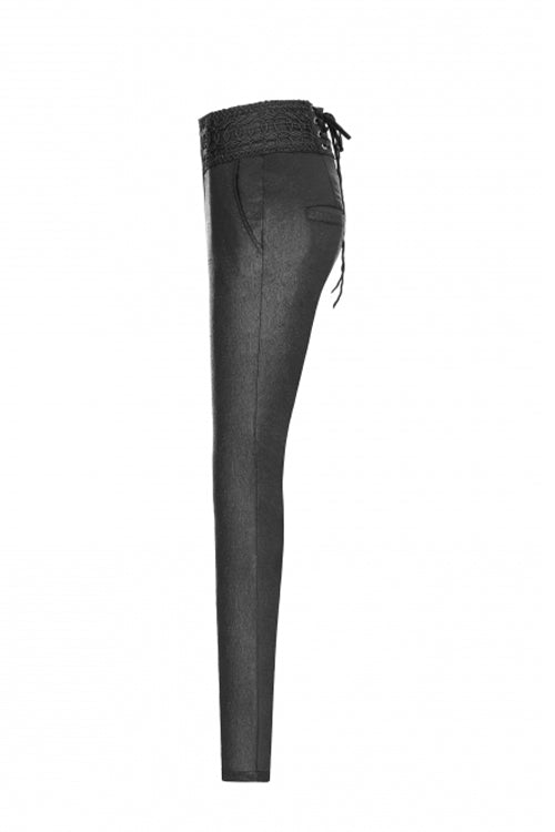 Black High Waist Flower Weaves The Ribbon Decoration Lace Up Gothic Jacquard Women's Pants - Product - 9