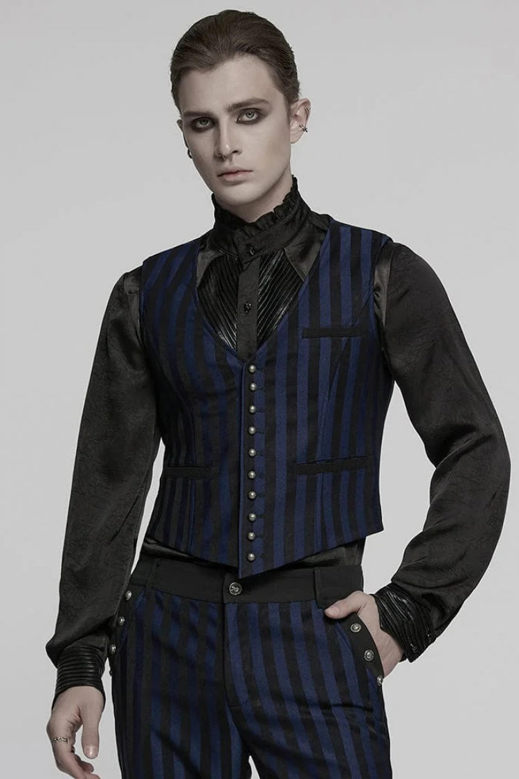 Black/Blue V Collar Sleeveless Striped Print Buckle Men's Punk Vest - Black/Blue - 1
