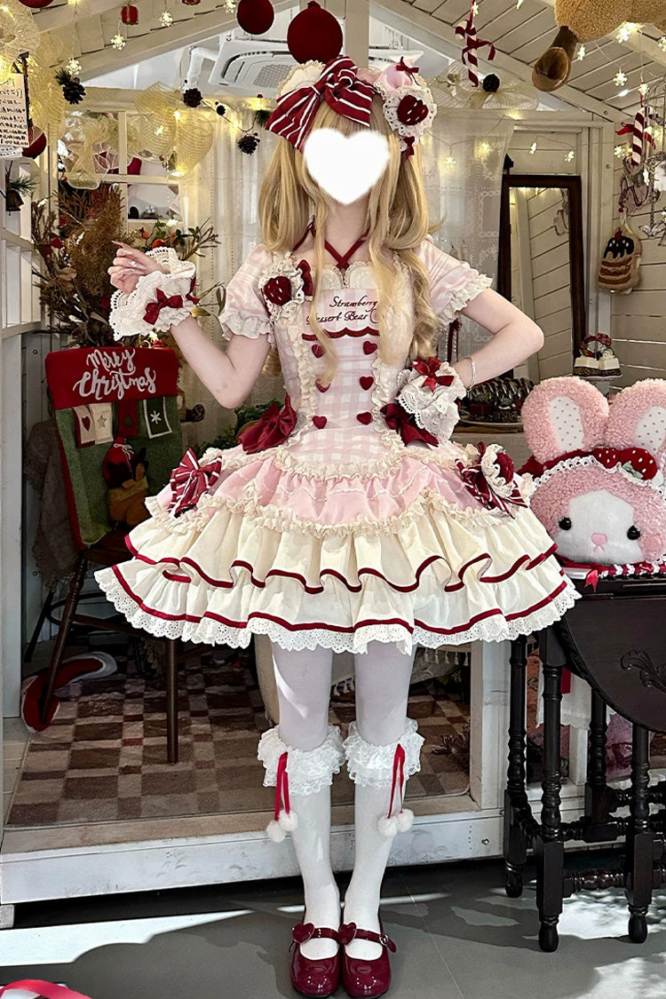 Pink [Sweetheart Strawberry Bunny] Square Collar Short Sleeves Triple-Layered Printed Ruffled Bow Sweet Lolita Dress - Product - 10
