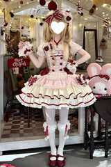 Pink [Sweetheart Strawberry Bunny] Square Collar Short Sleeves Triple-Layered Printed Ruffled Bow Sweet Lolita Dress - Product - 10