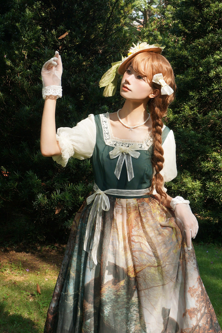 Dark Green [Morning in the Pine Forest] Square Collar Short Sleeves Oil Painting Printed Bow Lace Tie-dyed Sweet Lolita Dress - Product - 7