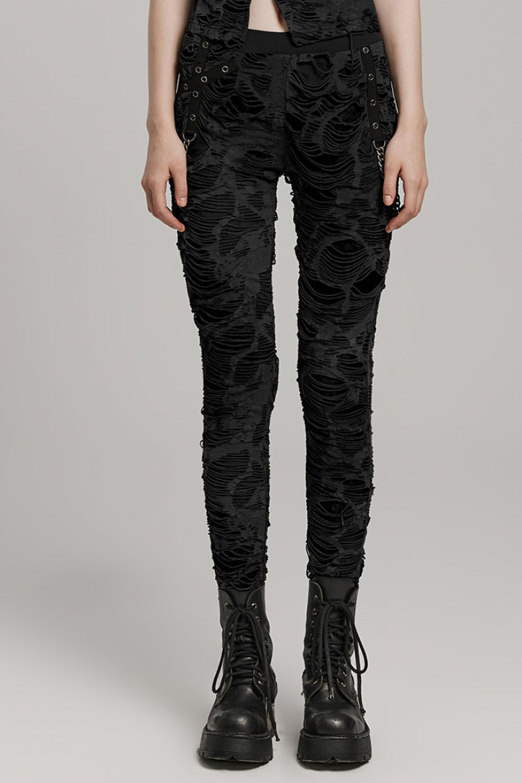 Slim Ripped Eyelet Chain Women's Steampunk Leggings 2 Colors - Black - 1