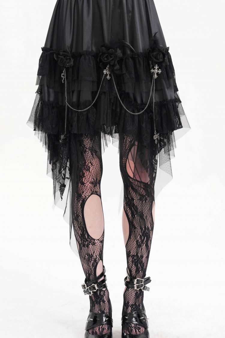Black Cross Chain Ruffle Lace Irregular Hem Women's Gothic Skirt - Product - 4