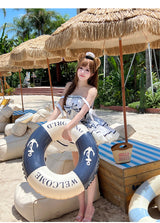 Blue/White [Sailing Love] Navy Collar Sleeveless Plaid Print Ruffle Bowknot Sweet Lolita Dress - Product - 5