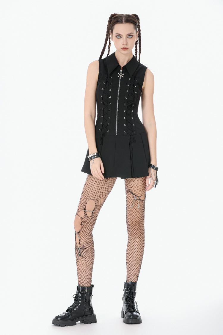 Black Point Collar Sleeveless Skull Zip Women's Punk Dress - Product - 6