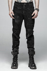 Black Ripped Men's Steampunk Straight-Leg Jeans Pants - Black - 1
