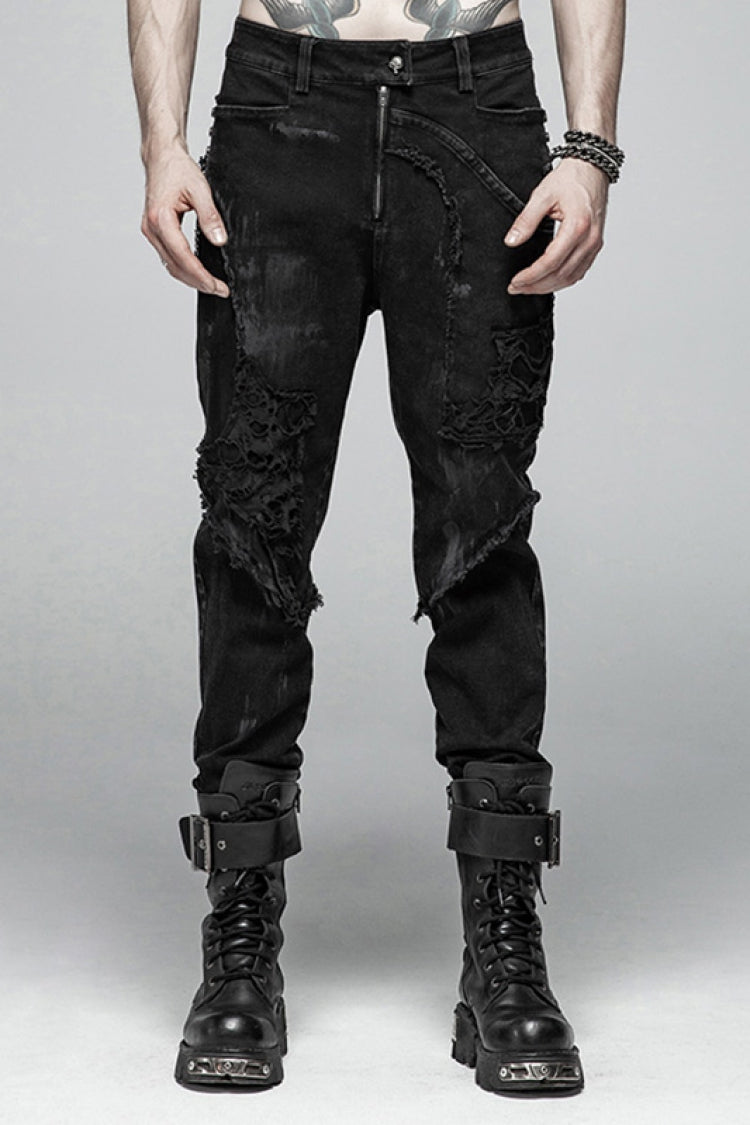 Black Ripped Men's Steampunk Straight-Leg Jeans Pants - Black - 1
