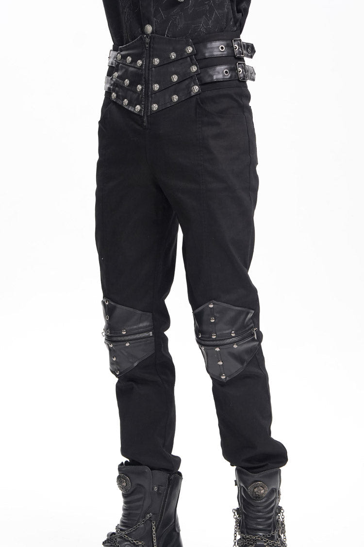 Black Stitching Buckle-up Studs Men's Gothic Pants - Product - 8