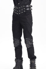 Black Stitching Buckle-up Studs Men's Gothic Pants - Product - 8